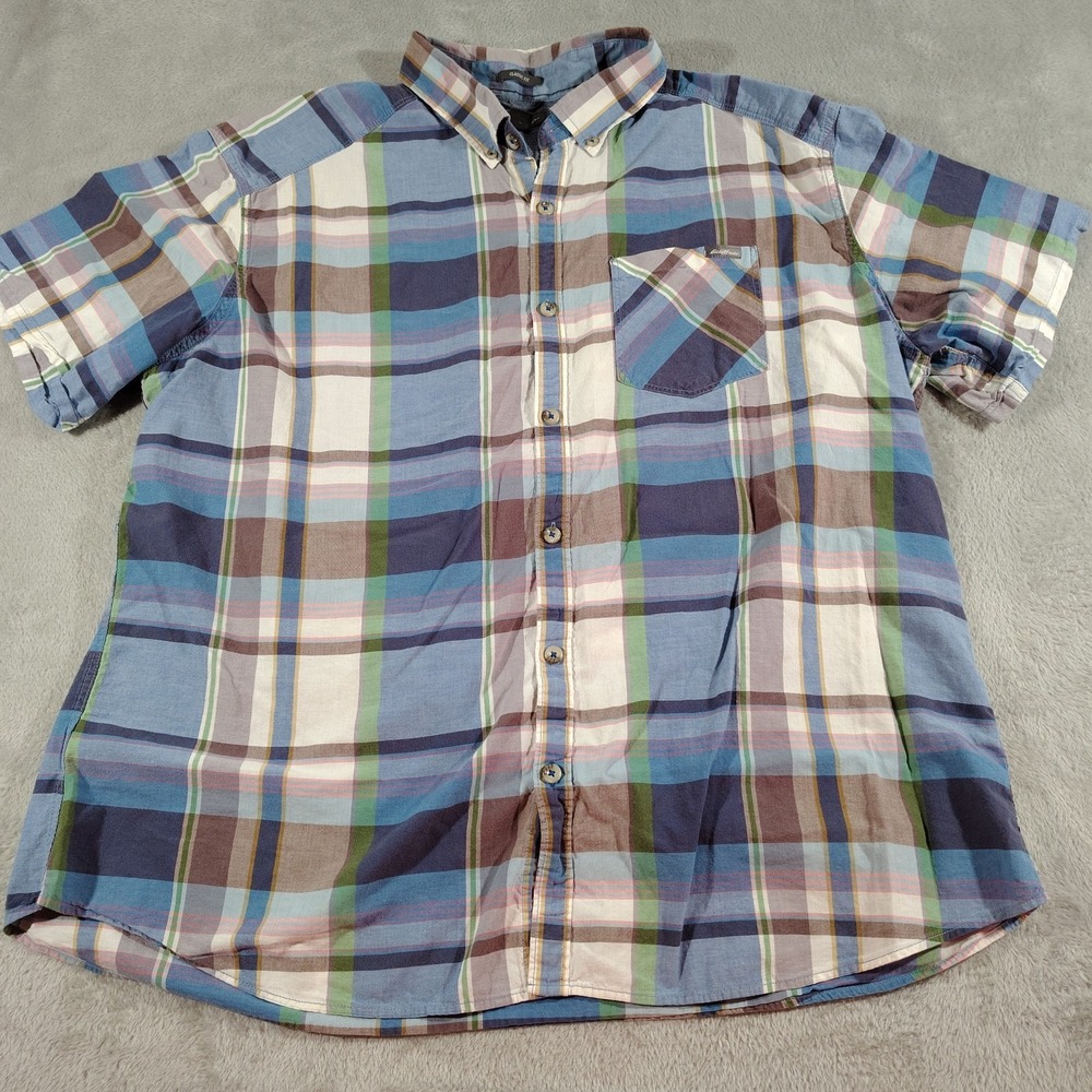 Eddie‎ Bauer Shirt Men 2XL Blue Plaid Short Sleeve Office Nerd Dad Preppy